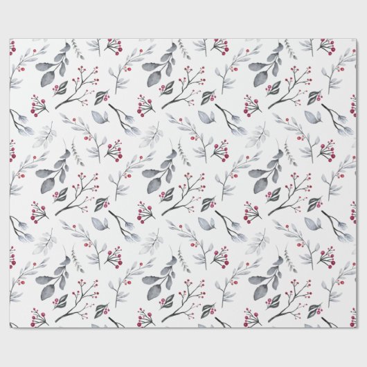 Silver Gray Blätter and Twigs with Red Berries  Geschenkpapier (Flach)