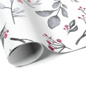 Silver Gray Blätter and Twigs with Red Berries Geschenkpapier (Rolleneckpunkt)