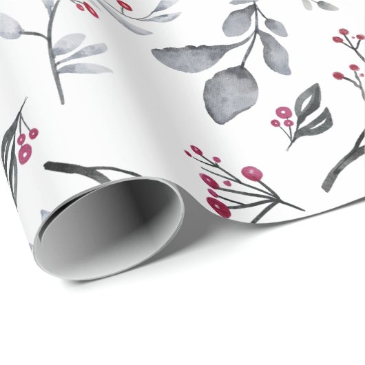 Silver Gray Blätter and Twigs with Red Berries  Geschenkpapier (Rolleneckpunkt)