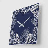 Silver Gray Blue Navy Palm Botanical Metallic Quadratische Wanduhr (Winkel)