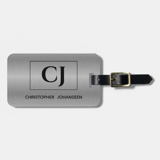Silver Gray Brushed Metal Black Bold Mit Monogramm Gepäckanhänger (Vorderseite horizontal)