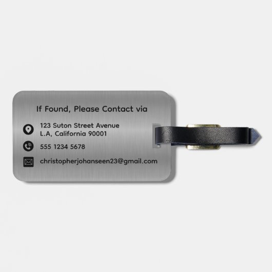 Silver Gray Brushed Metal Black Bold Mit Monogramm Gepäckanhänger (Rückseite horizontal)