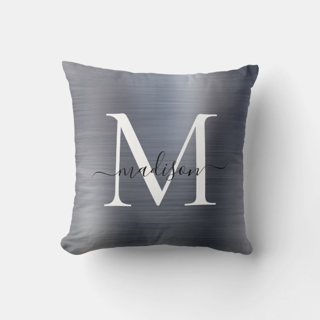 Silver Gray Brushed Metal Girl Script Monogram Kissen (Vorderseite)