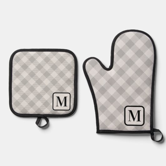 Silver Gray Buffalo Kariert Gingham Mit Monogramm Ofenhandschuh & Topflappen-Set (Vorderseite)