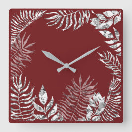Silver Gray Burgundy Red Palm Botanical Metallic Quadratische Wanduhr