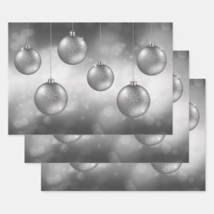 Silver Gray Christmas Baubles on Gray Bokeh Geschenkpapier Set