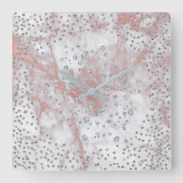 Silver Gray Confetti Diamonds Crystals Marble PInk Quadratische Wanduhr