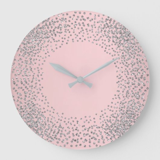 Silver Gray Crystals Confetti Glitter Gems Pink Große Wanduhr (Vorderseite)