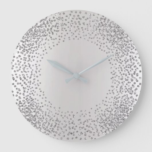 Silver Gray Crystals Confetti Glitzer Gems MInimal Große Wanduhr (Vorderseite)