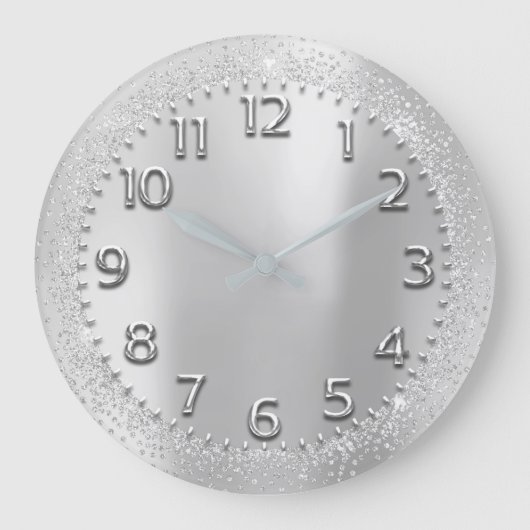 Silver Gray Crystals Glitzer Arabic Numbers Metal Große Wanduhr (Vorderseite)