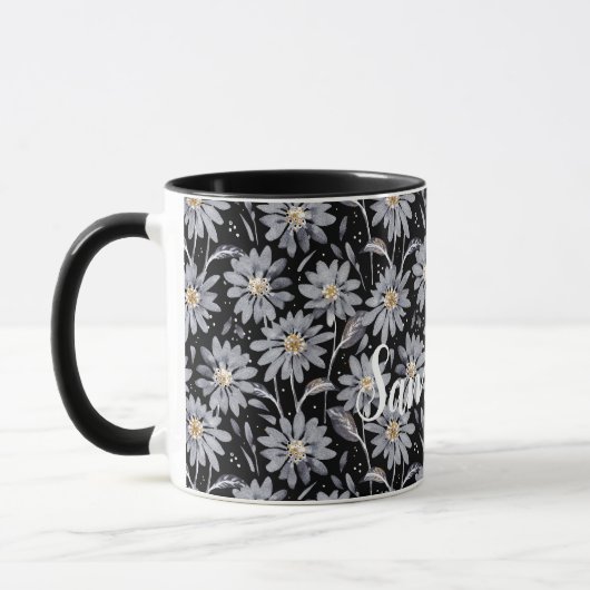 Silver Gray Daisies on Black Customizable Tasse (Links)