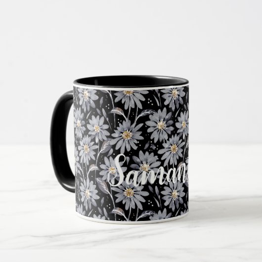 Silver Gray Daisies on Black Customizable Tasse (Vorderseite Links)