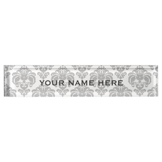Silver Gray Damask Elegantes Glam Personalisiert Namensplakette (Vorderseite)