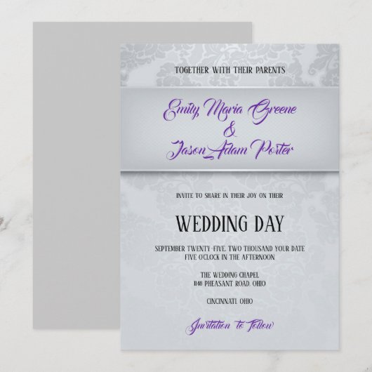 Silver Gray Damask Wedding Einladung (Vorne/Hinten)