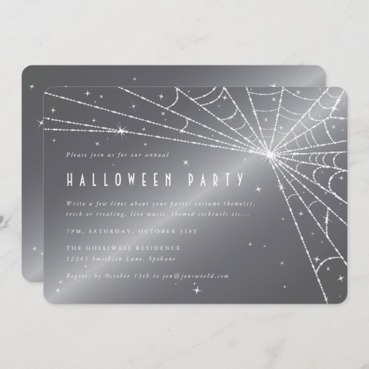 Silver-Gray Diamond Spider Web-Halloween-Party Einladung (Vorne/Hinten)