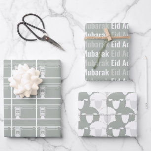 Silver Gray Eid Adha Mubarak Kaaba Sheep Pattern Geschenkpapier Set