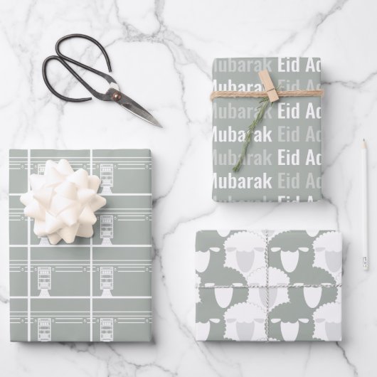 Silver Gray Eid Adha Mubarak Kaaba Sheep Pattern Geschenkpapier Set (Vorderseite)