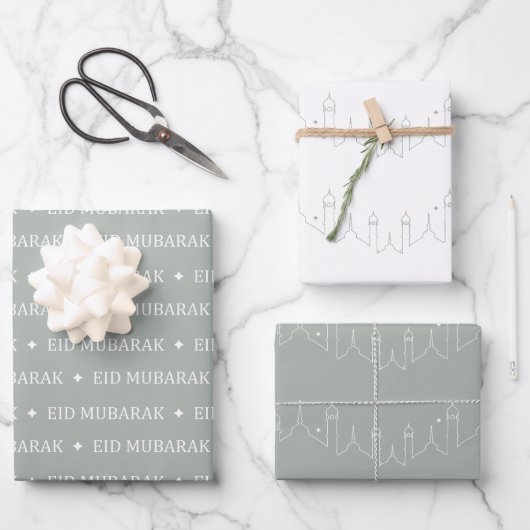 Silver Gray Eid Mubarak Masjid Muster Design Geschenkpapier Set (Vorderseite)