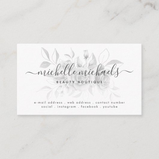 Silver Gray Floral Minimal Script Modern  Visitenkarte (Vorderseite)