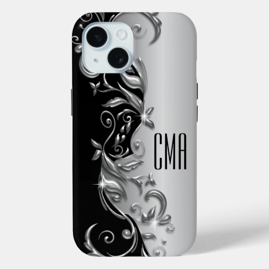 Silver Gray Floral - Monogramm Case-Mate iPhone Hülle (Rückseite)