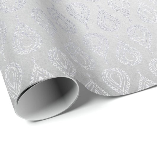 Silver Gray Floral Paisley Peacock Ornament Geschenkpapier (Rolleneckpunkt)