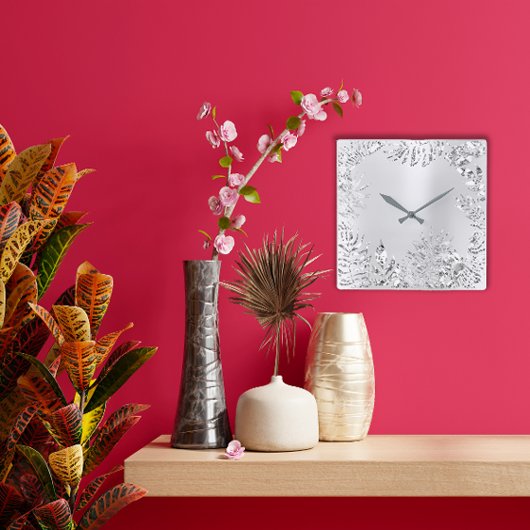 Silver Gray Floral Palm Monochrom Metallic Steel Quadratische Wanduhr