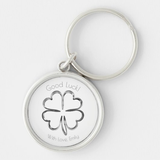 Silver Gray Four Leaf Clover Custom Text Good Luck Schlüsselanhänger (Vorne)