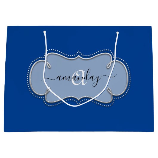Silver Gray Gerahmt Royal Monogram Name Blue Große Geschenktüte (Vorderseite)