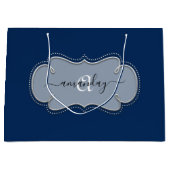 Silver Gray Gerahmt Royal Monogram Name Blue Navy Große Geschenktüte (Vorderseite)