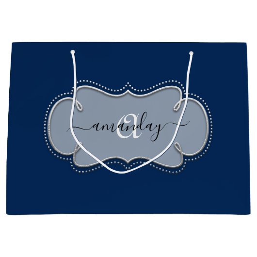 Silver Gray Gerahmt Royal Monogram Name Blue Navy Große Geschenktüte (Vorderseite)