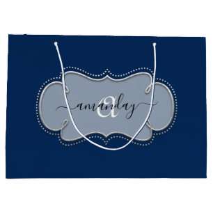 Silver Gray Gerahmt Royal Monogram Name Blue Navy Große Geschenktüte