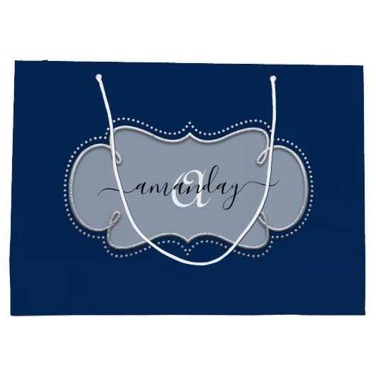Silver Gray Gerahmt Royal Monogram Name Blue Navy Große Geschenktüte (Rückseite)