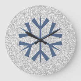 Silver Gray Glitter With Blue Snowflake Große Wanduhr