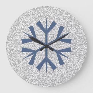 Silver Gray Glitter With Blue Snowflake Große Wanduhr