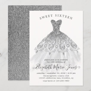 Silver Gray Glitzer Glam Dress Sweet 16. Geburtsta Einladung