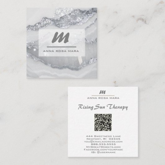 *~* SILVER GRAY Glitzer Glam QR Luxe Initial AP66 Quadratische Visitenkarte (Vorne/Hinten)