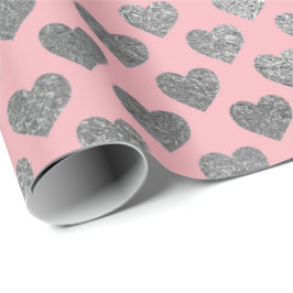 Silver Gray Glitzer Metallic Pink Blush Hearts Geschenkpapier