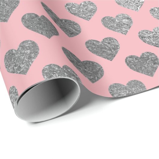 Silver Gray Glitzer Metallic Pink Blush Hearts Geschenkpapier (Rolleneckpunkt)