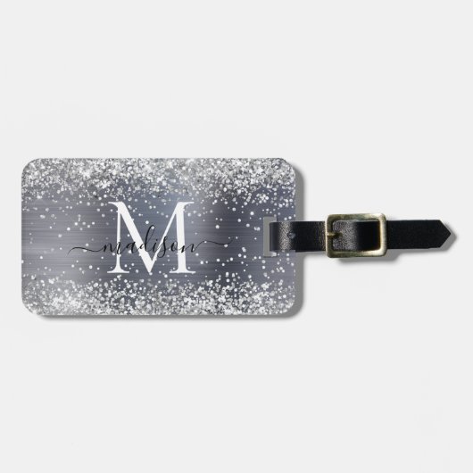 Silver Gray Glitzer Pinselmetall Monogram Script Gepäckanhänger (Vorderseite horizontal)