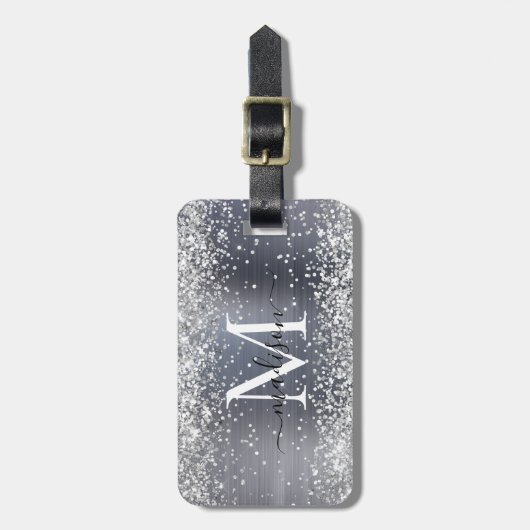 Silver Gray Glitzer Pinselmetall Monogram Script Gepäckanhänger (Vorderseite vertikal)