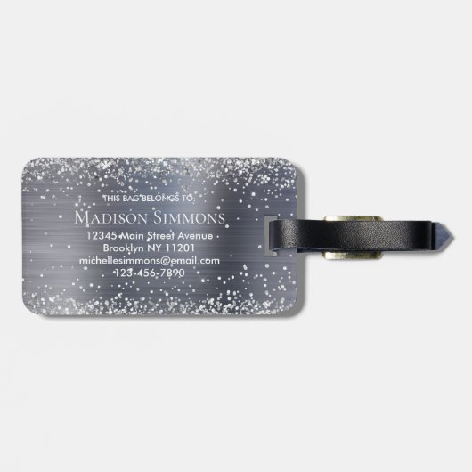 Silver Gray Glitzer Pinselmetall Monogram Script Gepäckanhänger (Rückseite horizontal)