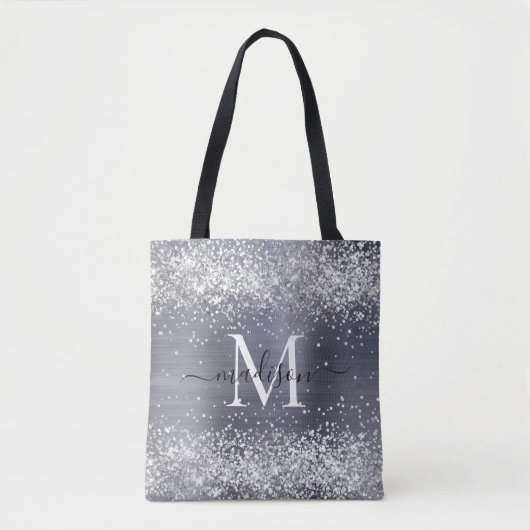 Silver Gray Glitzer Pinselmetall Monogram Script Tasche (Vorderseite)