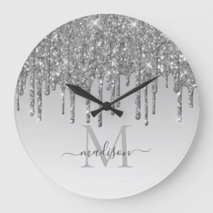 Silver Gray Glitzer Sparkle Glam Drilling Monogram Große Wanduhr
