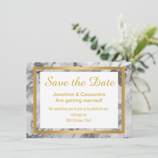 SILVER GRAY GOLD ABSTRAKT MARBLE SAVE THE DATE (Stehend Vorderseite)