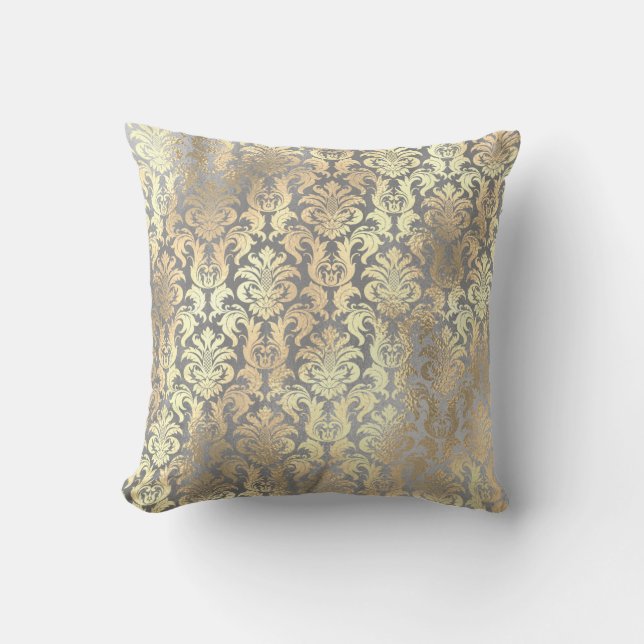 Silver Gray Gold Damask Antonietta Champaigne Kissen (Vorderseite)