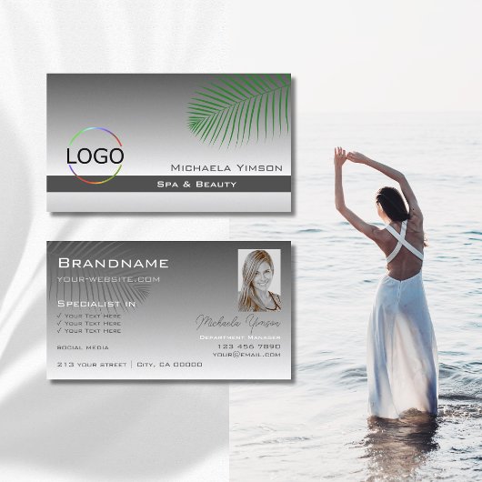 Silver Gray Gradient Palm Leaf Logo und Foto Visitenkarte