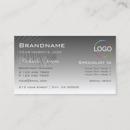 Silver Gray Gradient Palm Leaf Monogramm und Logo Visitenkarte (Rückseite)