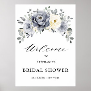 Silver Gray Ivory Floral Brautparty Willkommen Poster