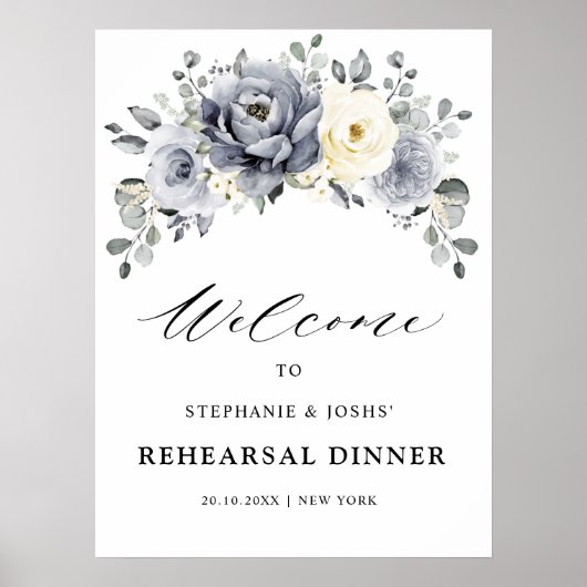 Silver Gray Ivory Floral Probe Dinner Willkommen Poster (Vorne)
