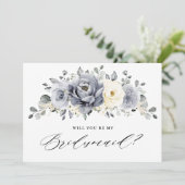 Silver Gray Ivory Floral Werden Sie meine Bridesma Einladung (Stehend Vorderseite)